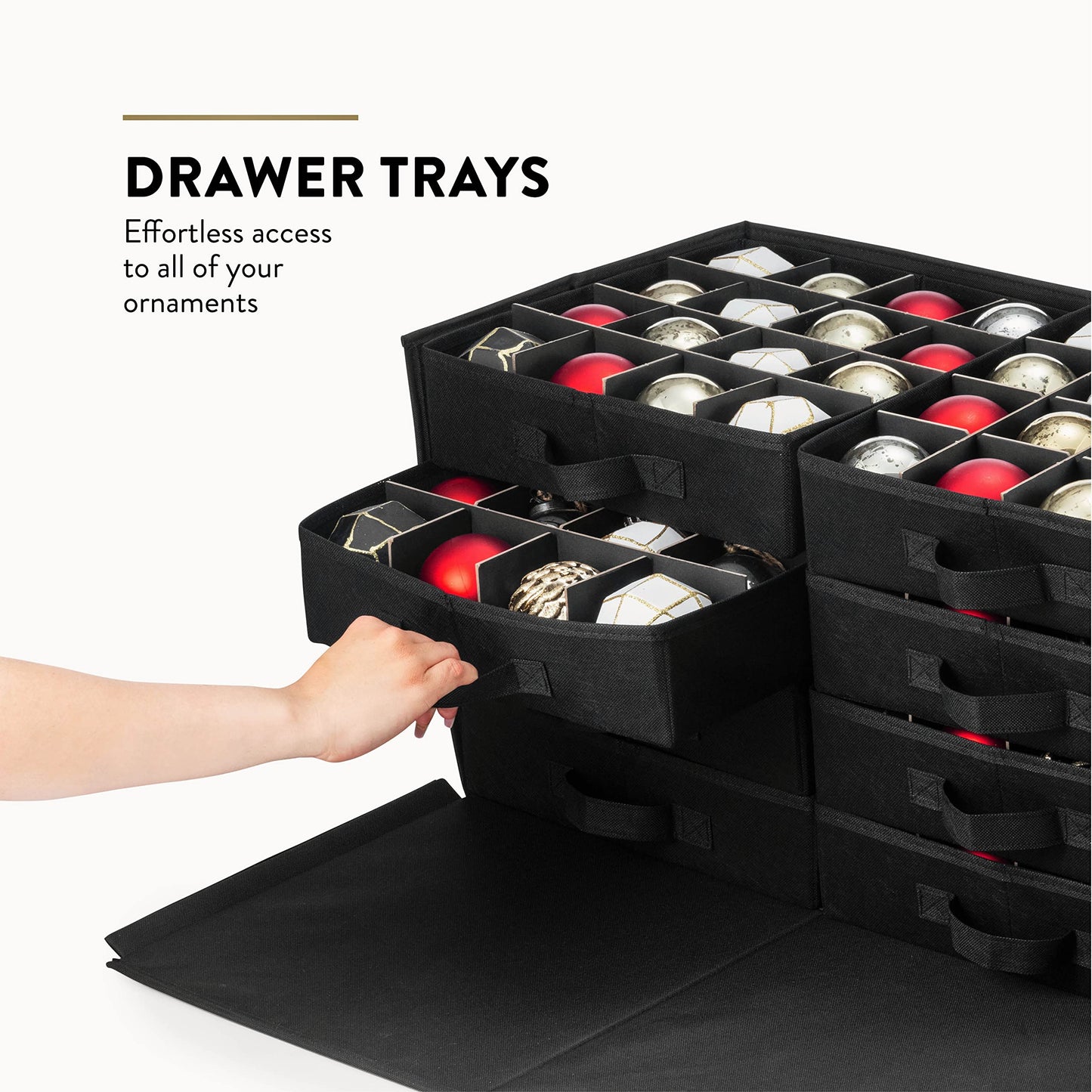 Premium Large Christmas Ornament storage Box, with Side Open, Drawer Style Trays - 3" Compartment, 8 Trays, Keeps 128 Holiday Ornaments & Xmas Accessories, Storage Container Made Of 600D Oxford Fabric