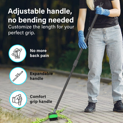3 in 1 Telescopic Weed Remover Brush Wire Head Paving Decking Clean Scrub Moss Weed Remover Tool Wire Brush Scraper Set with Metal Broom & Weed Removal Head Green