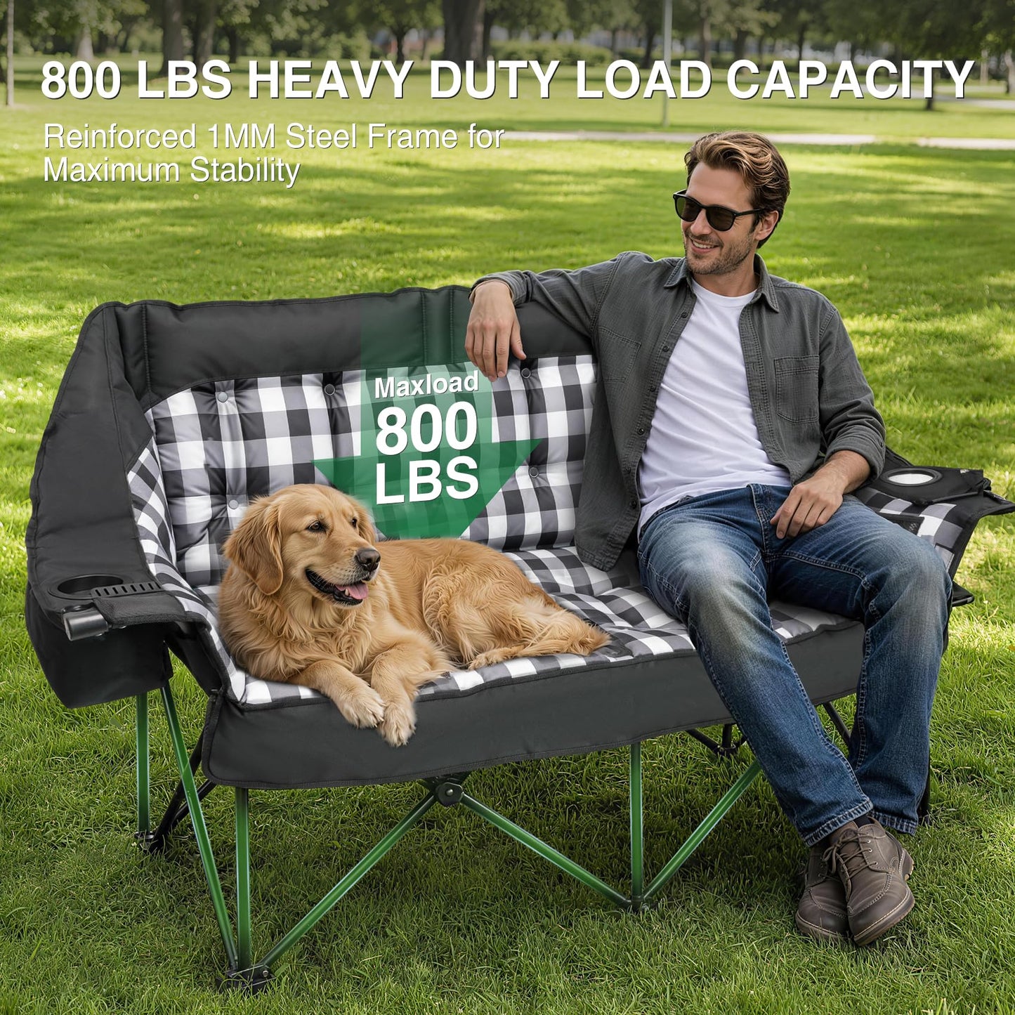 HOPERAN Double Camping Chair, Oversized Padded Camping Couch, 600D Oxford Folding Camping Loveseat w/Side Pocket, Cooler Bag, Wine Glass Holder, 800LBS Heavy Duty Lawn Chair for Patio Backyard Beach