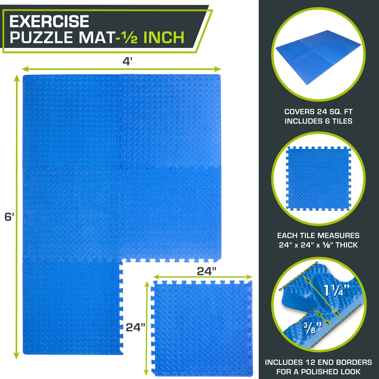 ProsourceFit Puzzle Exercise Mat ½ in, EVA Interlocking Foam Floor Tiles for Home Gym, Mat for Home Workout Equipment, Floor Padding for Kids, Black, 24 in x 24 in x ½ in, 24 Sq Ft - 6 Tiles