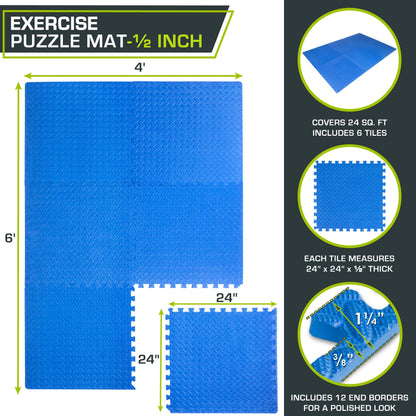 ProsourceFit Puzzle Exercise Mat ½ in, EVA Interlocking Foam Floor Tiles for Home Gym, Mat for Home Workout Equipment, Floor Padding for Kids, Black, 24 in x 24 in x ½ in, 24 Sq Ft - 6 Tiles
