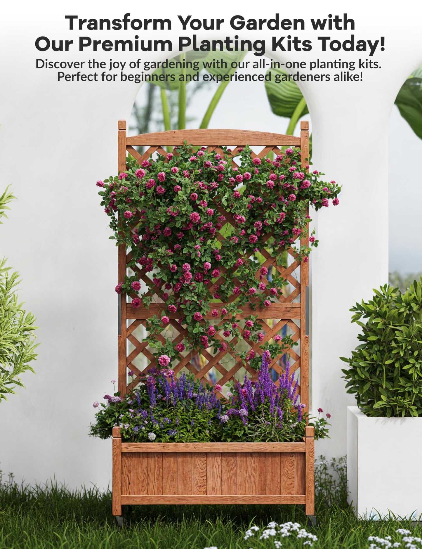GarveeLife 2-Pack Tall Wood Planter Box with Trellis, 61.5" H Raised Garden Bed on Wheels, Vertical Stand Planter with Drainage Holes for Patio, Balcony & Outdoor Garden