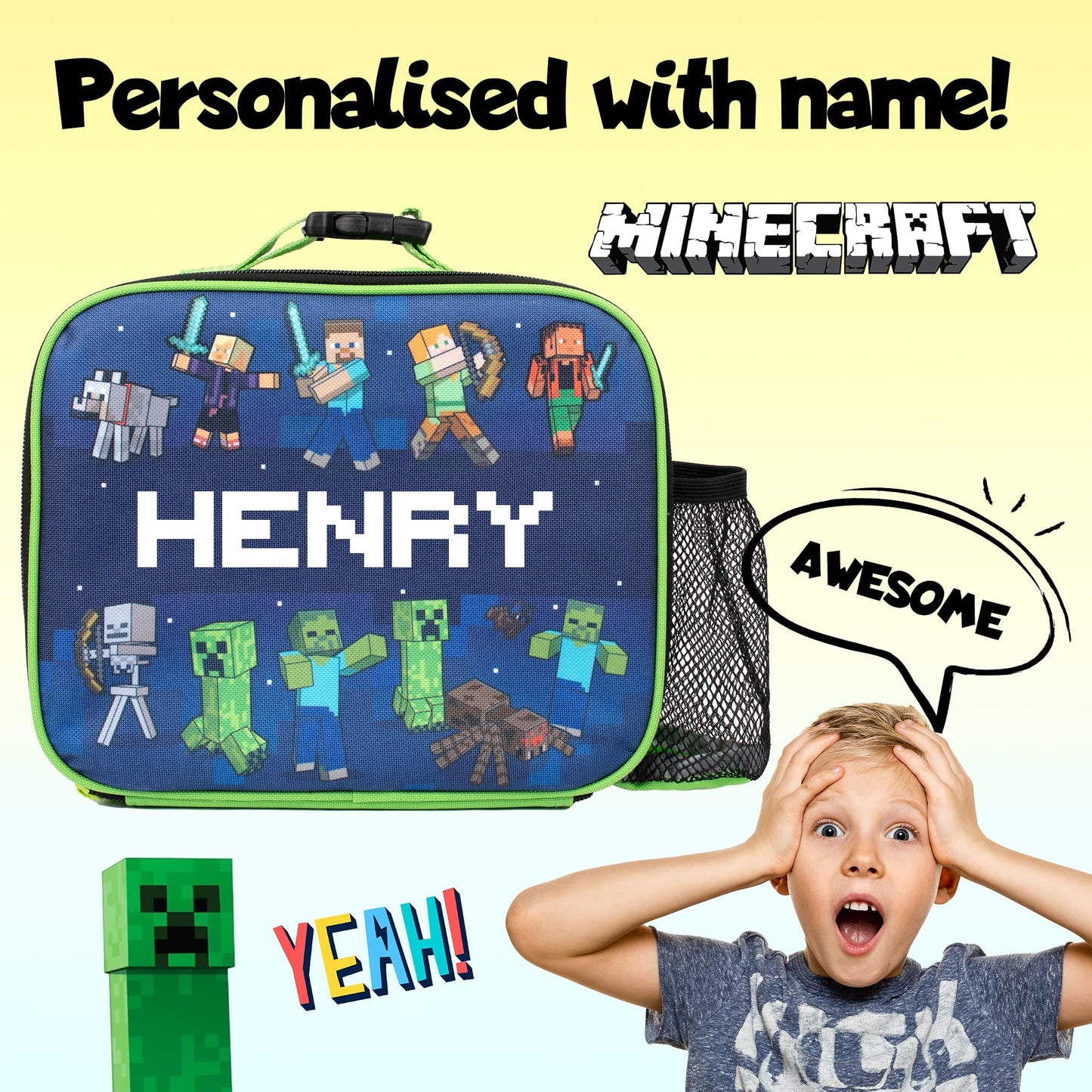 Minecraft - Personalised Kids Lunch Bag - Insulated Kids Snack Bag for Boys and Girls - Name Customisation - Dark Blue