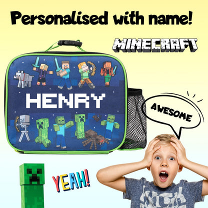 Minecraft - Personalised Kids Lunch Bag - Insulated Kids Snack Bag for Boys and Girls - Name Customisation - Dark Blue