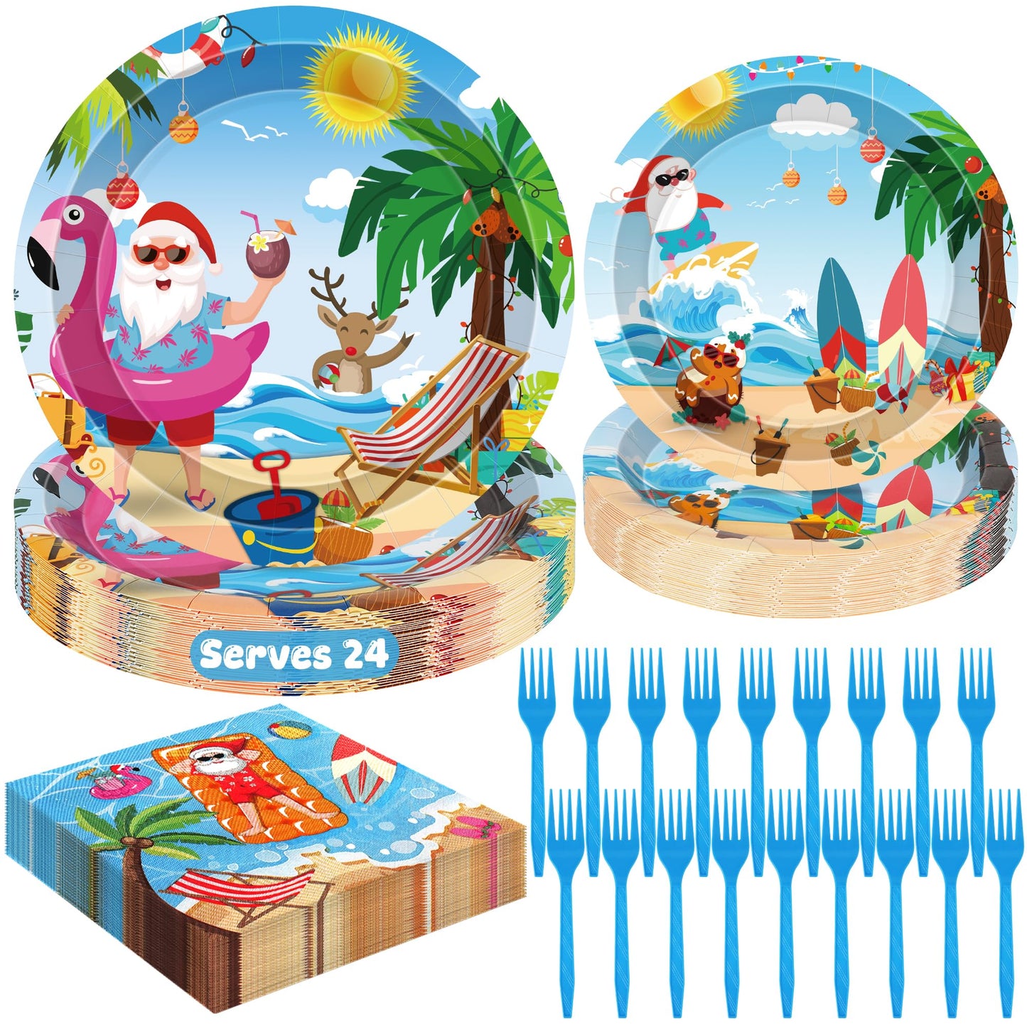 96PCS Summer Christmas July Decoration, July Christmas Plates and Napkins Forks Set, Disposable Hawaiian Beach Xmas Santa Tableware for Tropical Pool Beach Picnics Birthday Party Supplies Serves 24