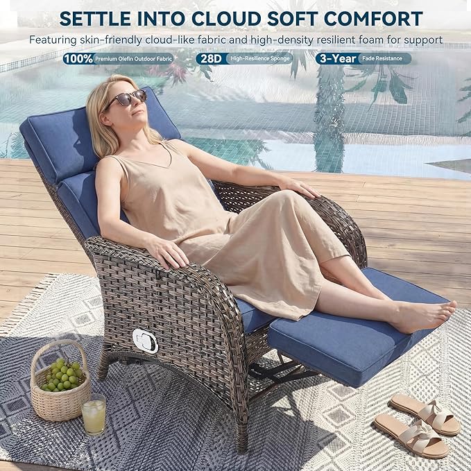Zero Gravity Wicker Patio Recliner Chair - Wicker Outdoor Lounge Chair with Adjustable Backrest & Footrest, All Weather Outdoor Reclining Chairs with Thick Cushion for Pool Deck Blue