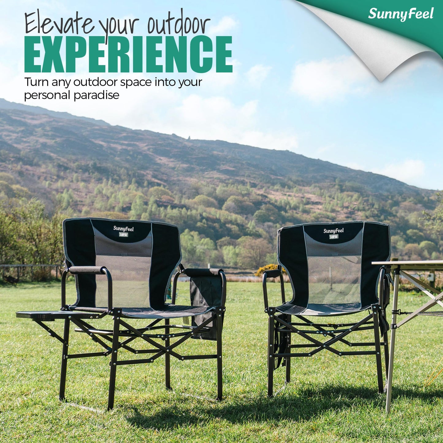SUNNYFEEL Oversized Camping Directors Chair 2 Pack, Portable Folding Lawn Chairs for Adults Heavy Duty with Side Table,Pocket for Beach, Fishing,Picnic,Concert Outdoor, Foldable Camp Chairs