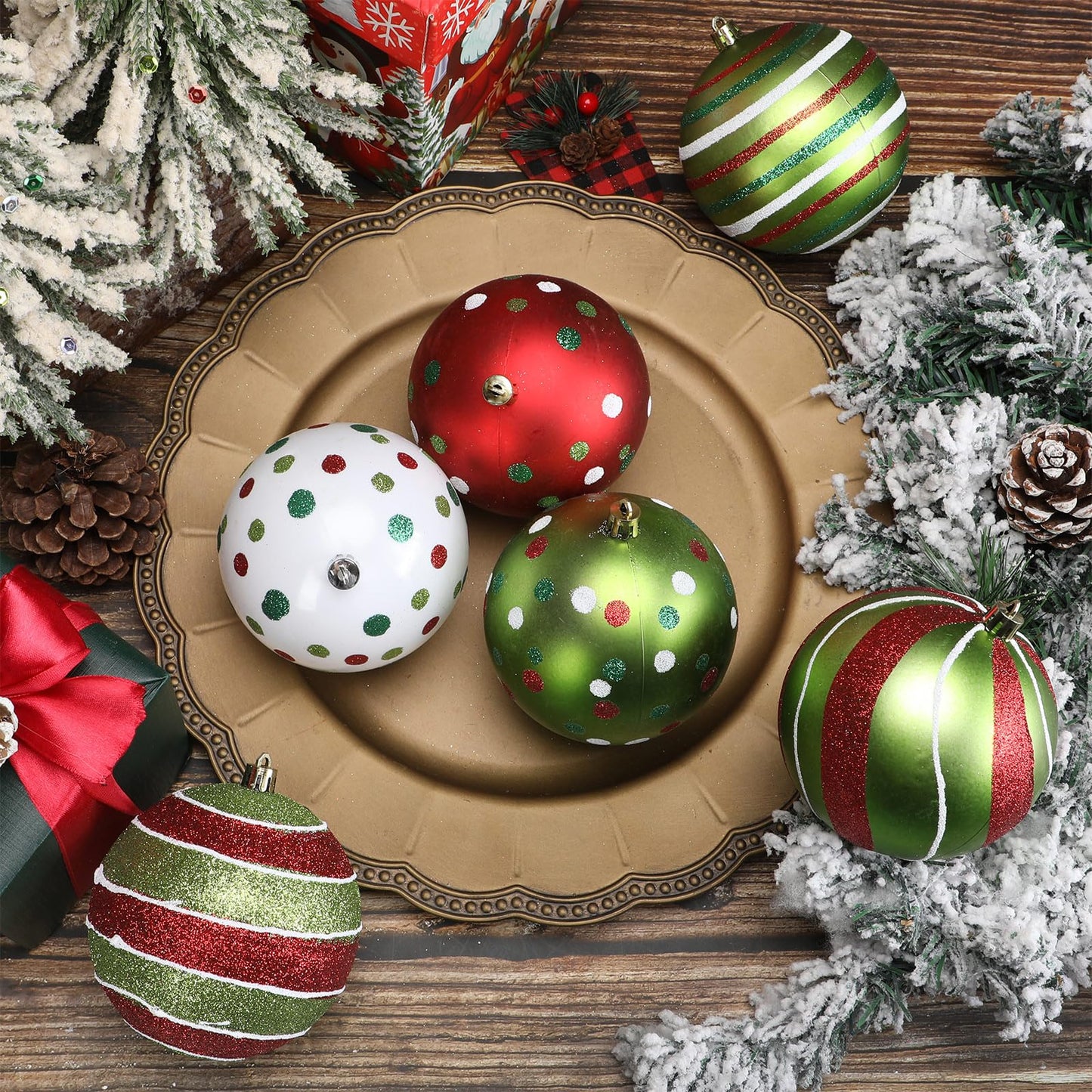 Liliful 6 Pcs Christmas Tree Ornaments 3.9'' Glitter Red Green White Hanging Ball Large Plastic Balls Swirl Candy Cane Peppermint Big Christmas Pendants Baubles for Holidays Xmas Tree Decoration