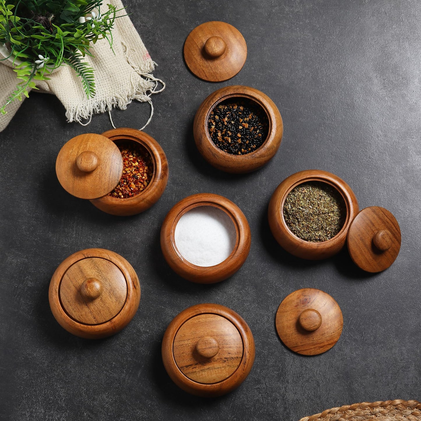 LAVAUX DESIGNS acacia wood set of 6 bowls with lid, 3.5X2 inches (3 oz), Rustic looking wood salt containers can also be used as spice box, storage for condiments, sugar, tea, celtic salt or nuts