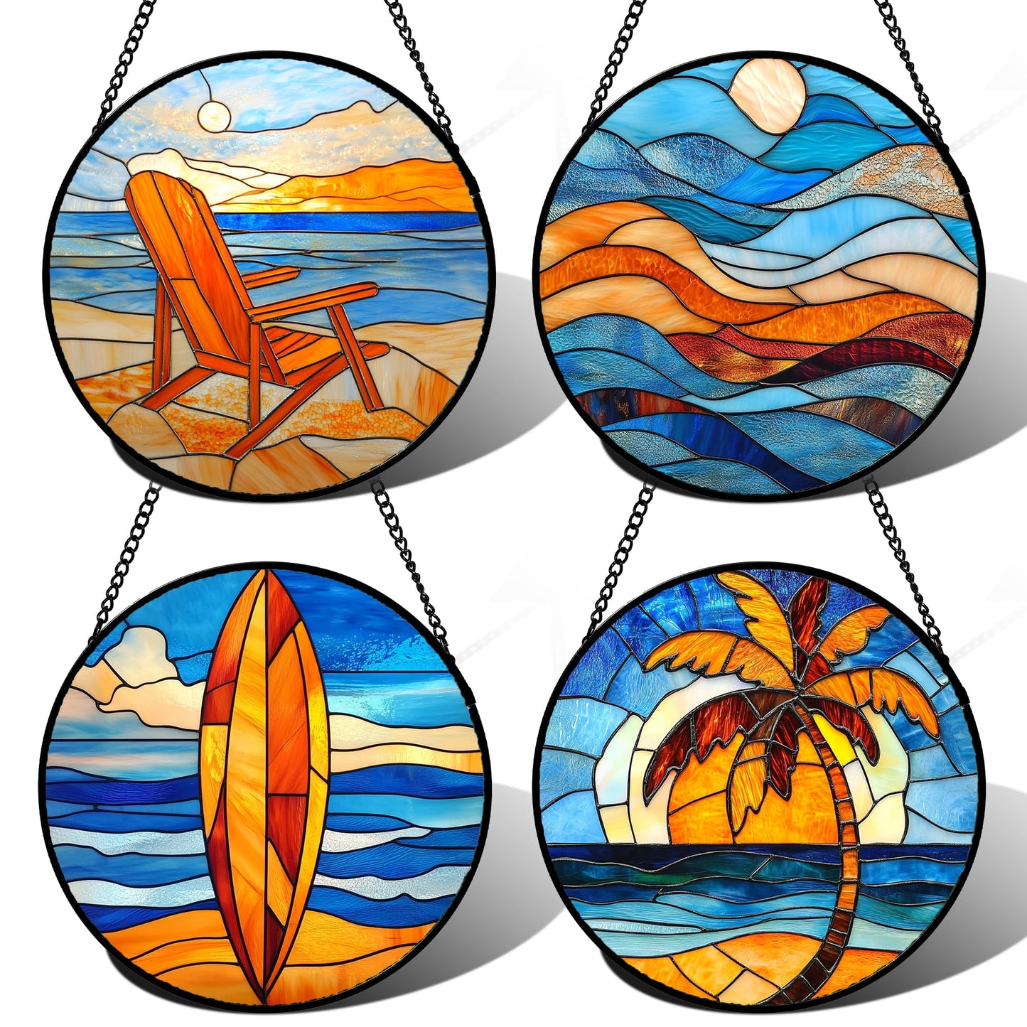 DASTOLL Stained Glass Window Hanging 4 Pcs Set Blue Orange Ocean Beach Theme 6.3" - Suncatcher Door Garden Sun Catcher Decor Birthday Christmas for Mom Woman Nana Men Wife