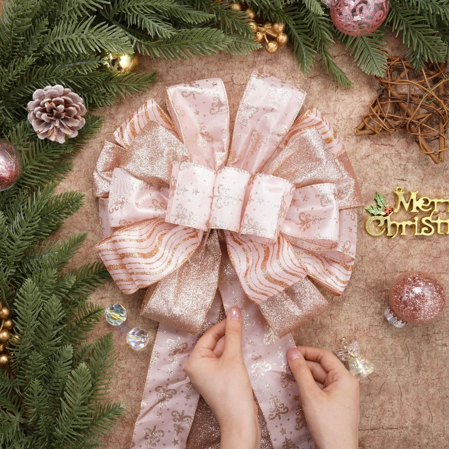 Christmas Tree Topper, 32x12 inch Large Toppers Single Sided Bow with Glitter Satin Mesh Streamer, Rose Gold Christmas Tree Topper for Christmas Home Decoration (Rose Gold)