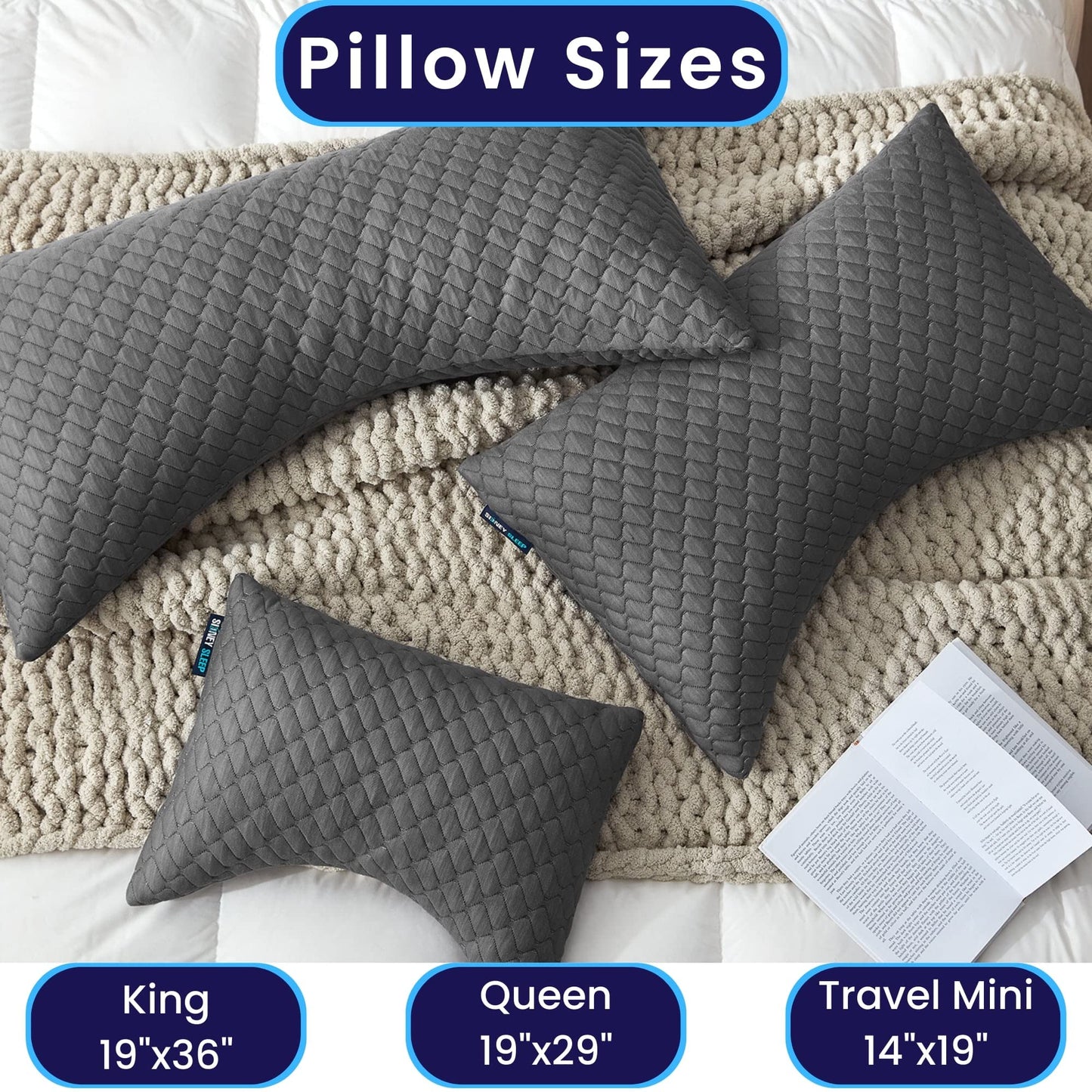 Sidney Sleep Mini Travel Size Neck Pillow - Knee, Back Lumbar and Support - Small Curved Pillow - 14 x 19 Inches - Adjustable Loft - Washable - Drawstring Backpack Included (Mini - Grey)