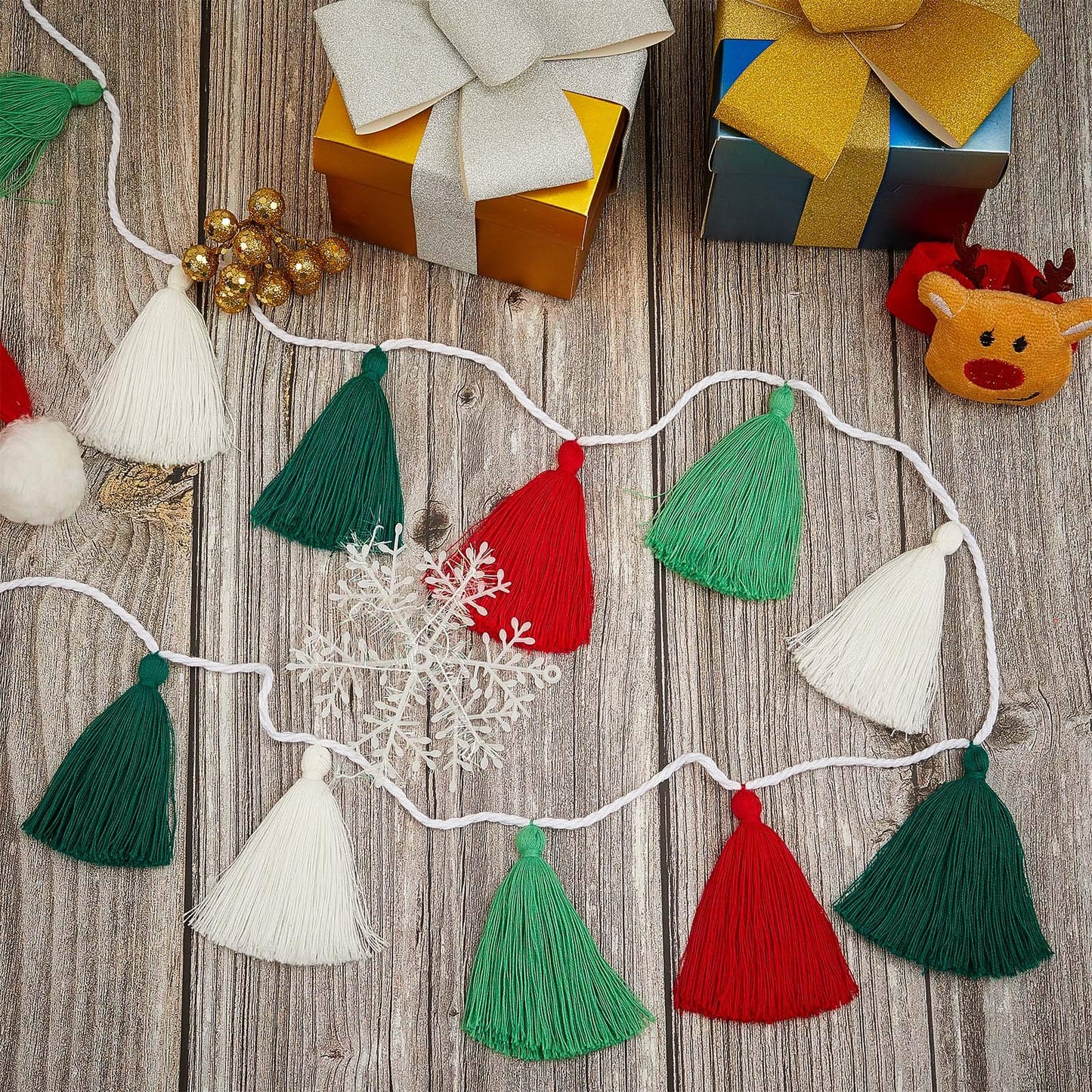 WILLBOND 4 Pieces Christmas Tassel Garland for Classroom Wall Decor Boho Pastel Garland Cotton Tassel Banners for Christmas Party School(3.1 Inch,Red, White, Light Green, Dark Green)