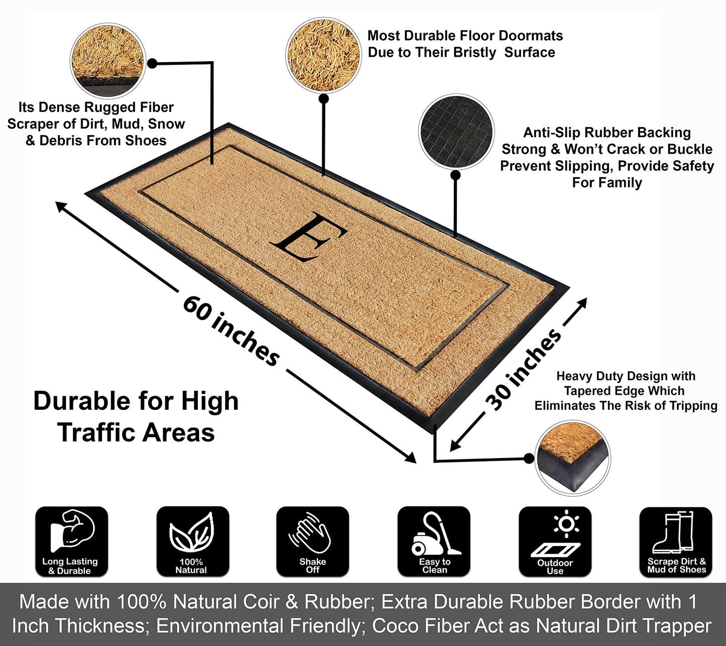 A1HC Natural Coir & Rubber Large Monogrammed Doormat, Thick Durable Entry Mats for Entrance Heavy Duty, Thin Profile, Long Lasting Front Door Mat - 30"x60"