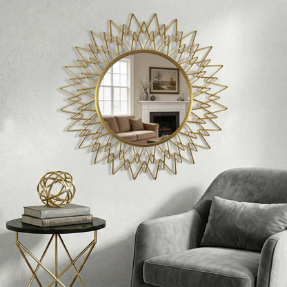 Qiqiong 36" Large Gold Sunburst Wall Mirror - Mid Century Modern Round Starburst Mirror with Metal Radiating Frame - Statement Decorative Wall Art for Living Room, Entryway, Fireplace Mantel