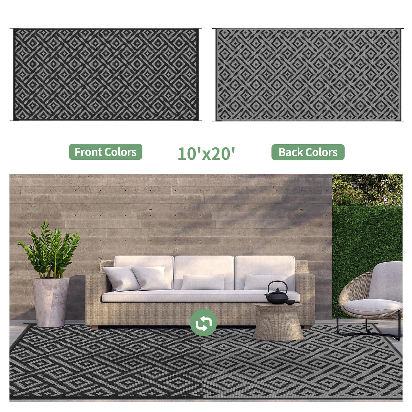GENIMO Outdoor Rug Waterproof, 10' x 20' Reversible Plastic Straw Rug, Lightweight Large RV Camping Mat for Patio, Deck, Camper, Balcony, Backyard, Picnic, Black & Gray