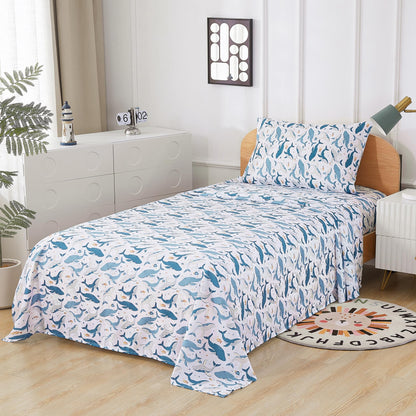 lasoftan Kids Sheet Set Twin Size, Twin Sheet Set with Marine Whales Pattern，Breathable Silky Soft Microfiber Kids Fitted Sheet
