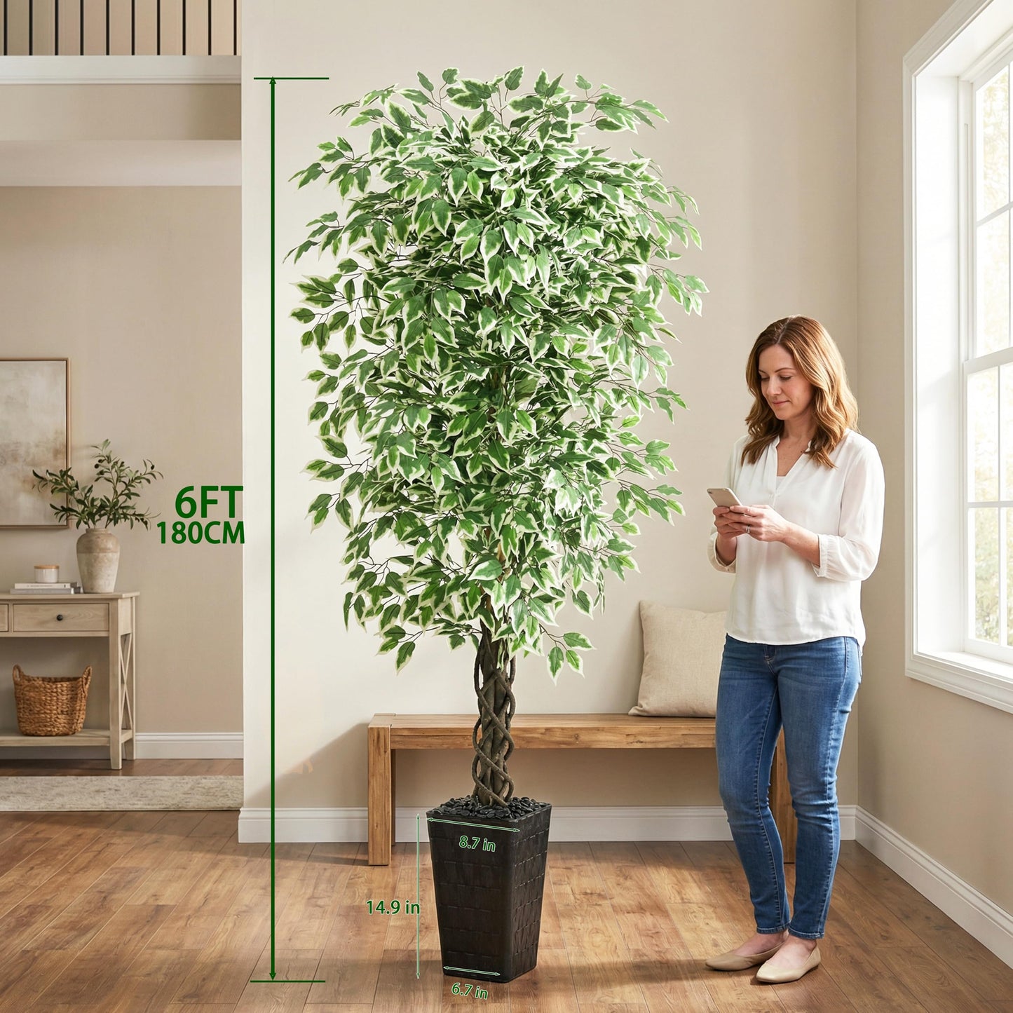 Artificial Ficus Tree Indoor 6FT Fake Plants Large Artificial Plant with Crack Black Tall Planter, Green Lifelike Lush Fake Ficus Tree for Home Living Room Bedroom Outdoor Balcony House Office Decor