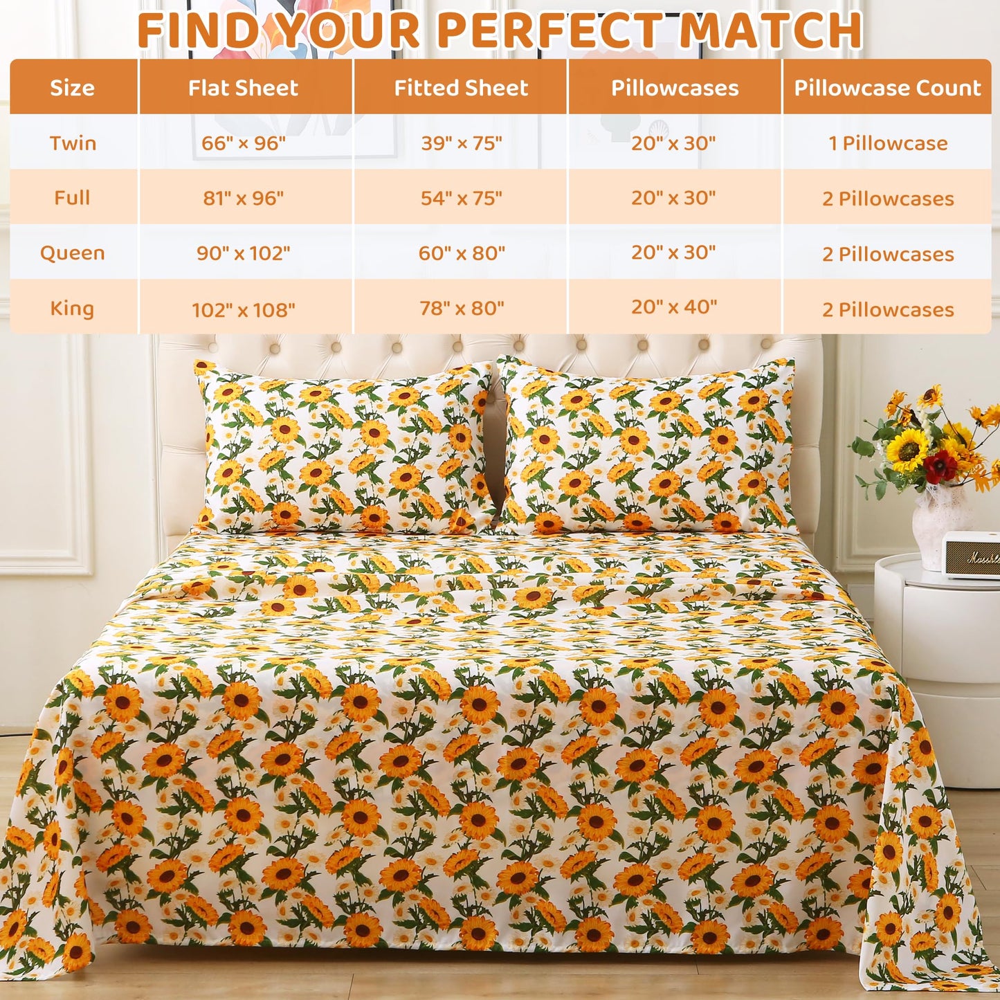Mooreeke Cozy Vintage Microfiber Printed Floral Queen Sheet Set - Soft & Breathable Yellow Sunflower Bed Sheets with Extra Deep Pocket - Non-Slip Fitted Design - Sunflower Pattern - Queen
