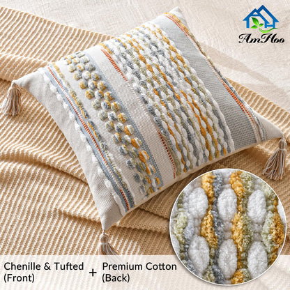 AmHoo Set of 2 Chenille Striped Textured Boho Throw Pillow Covers Aesthetic with Tassels Woven Decorative Pillow Case for Couch Bed Sofa Bedroom Modern Funky 18 x 18-Inch Grey