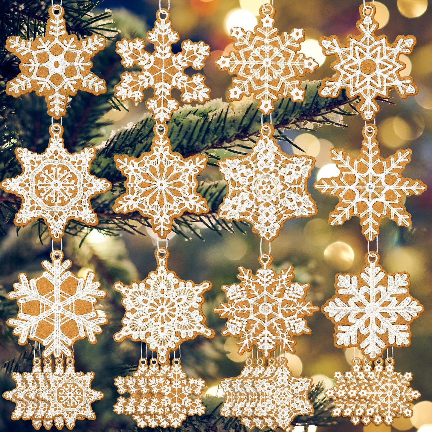 HunnmingRe 48 Pcs Christmas Gingerbread Crochet Snowflake Ornaments Winter Brown Crocheted Snowflake Bulk 12 Styles Hanging Decor for Winter Decorations Tree Wall Holiday Party Woven Gift