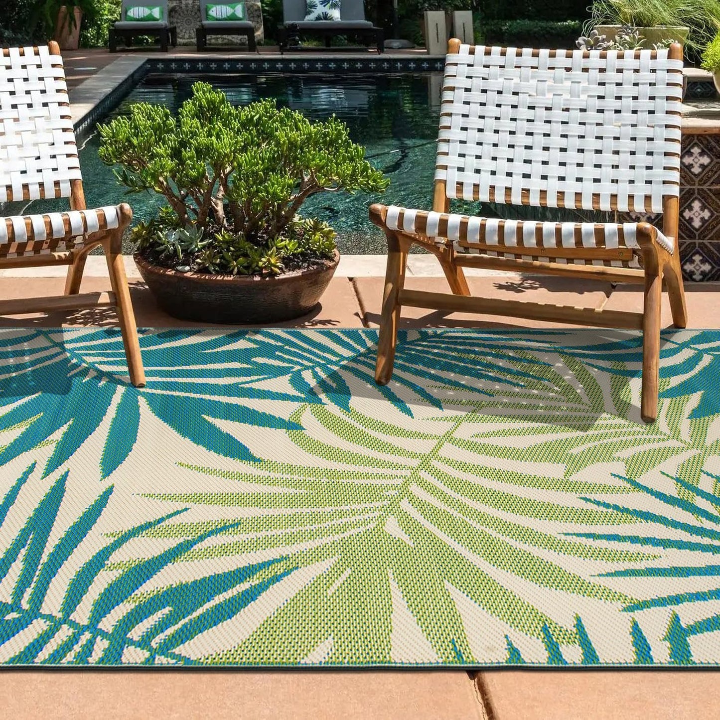 Rugshop Lanai Modern Floral Reversible Crease-Free Waterproof Premium Recycled Plastic Outdoor Rugs for Patio,Backyard,RV,Deck,Picnic,Trailer,Beach,Camping Area Rug Green 7'10" x 10'