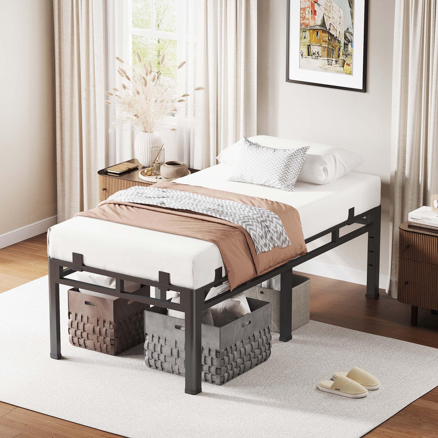 ROIL 16 Inch Twin Size Bed Frame, Double Layer Metal Bed Frame with Round Corner Legs, 4000LBS Bed Frame & Box Spring 2 in 1 Platform with Headboard Holes Mattress Baffles, Noise-Free Easy Assembly