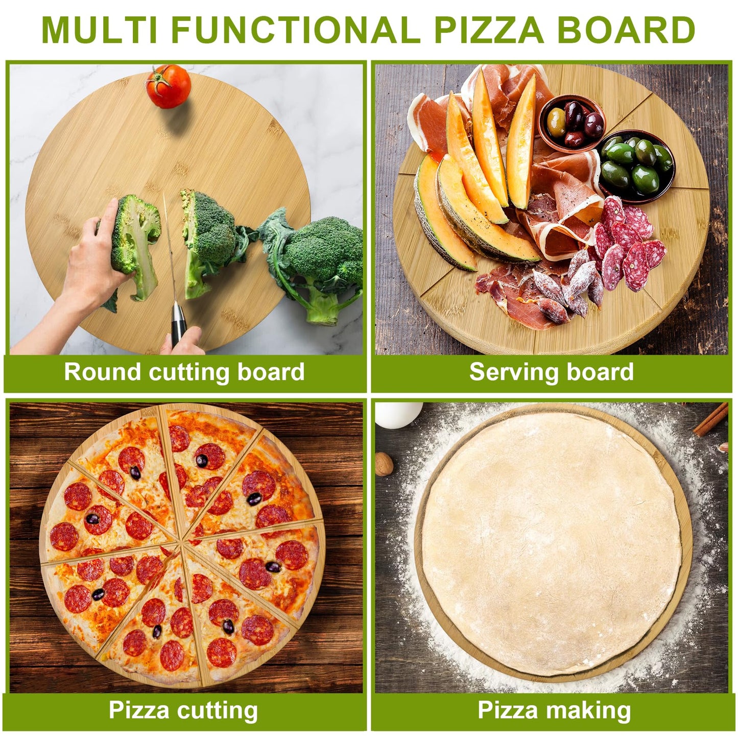 TUOCON 16" Pizza Cutting Board Double Sided Round Cutting Boards Large Pizza Server Bamboo Wooden 16inch Platter Pizza Oven Accessories Kitchen Gifts Pizza Prep Board with Grooves