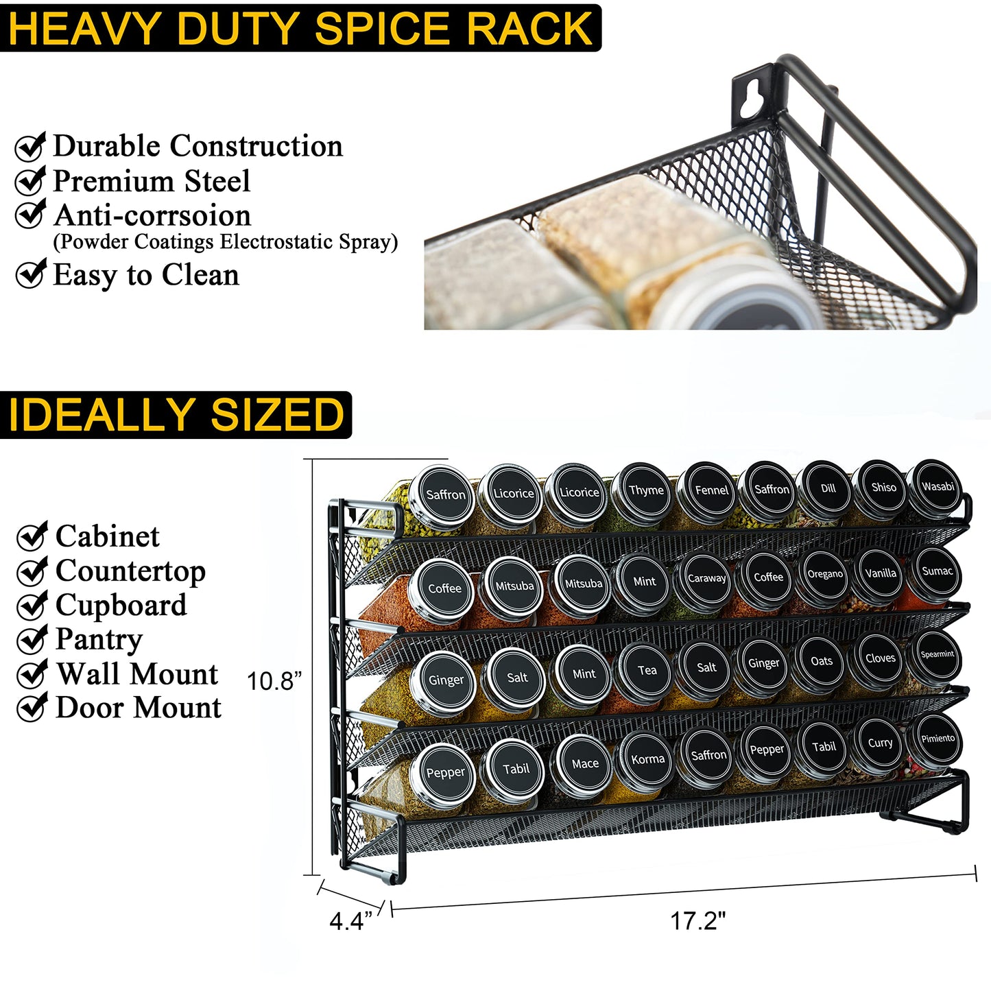 SpaceAid Spice Rack Organizer with 28 Spice Jars, 386 Spice Labels, Chalk Marker and Funnel Set for Cabinet, Countertop, Pantry, Cupboard or Door & Wall Mount - 28 Jars, 13.4" W × 10.8" H, Black