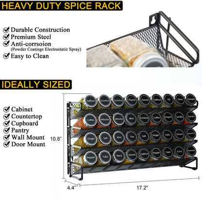 SpaceAid Spice Rack Organizer with 28 Spice Jars, 386 Spice Labels, Chalk Marker and Funnel Set for Cabinet, Countertop, Pantry, Cupboard or Door & Wall Mount - 28 Jars, 13.4" W × 10.8" H, Black