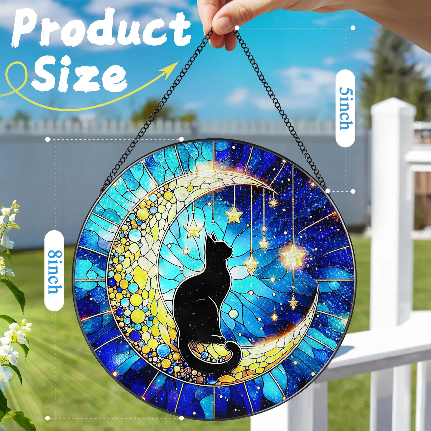 8 Inch Stained Glass Suncatcher Ornament, DOUHASU Black Cat Sun Catchers Indoor Window, Stained Glass Window Hanging, Indoor Decor, Home Decor Gift, Gifts for Cat Lovers, Pet Lover Gift