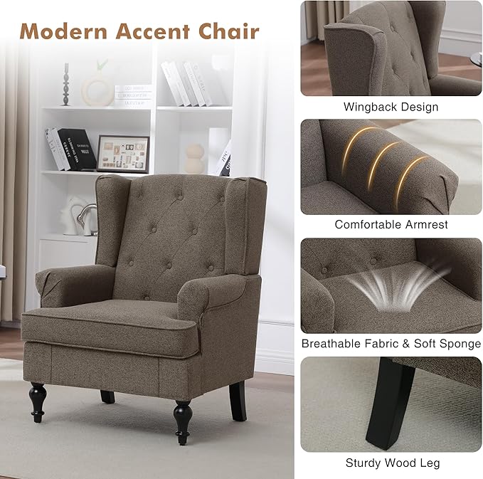 Accent Chair Set of 2, Mid Century Modern Fabric Wingback Chair, Upholstered