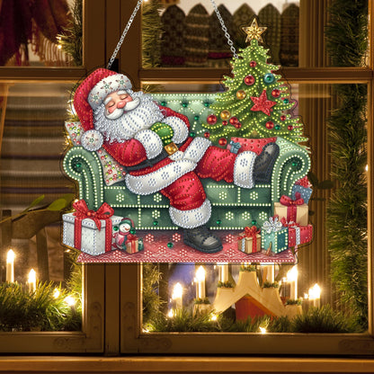 DIY Acrylic Diamond Art Painting Wreath Kits Special Shaped Rhinestone 5D Diamond Art Window Pendants Home Garden Wall Hanging Kits Hanging Ornament (Sleepy Santa Claus)