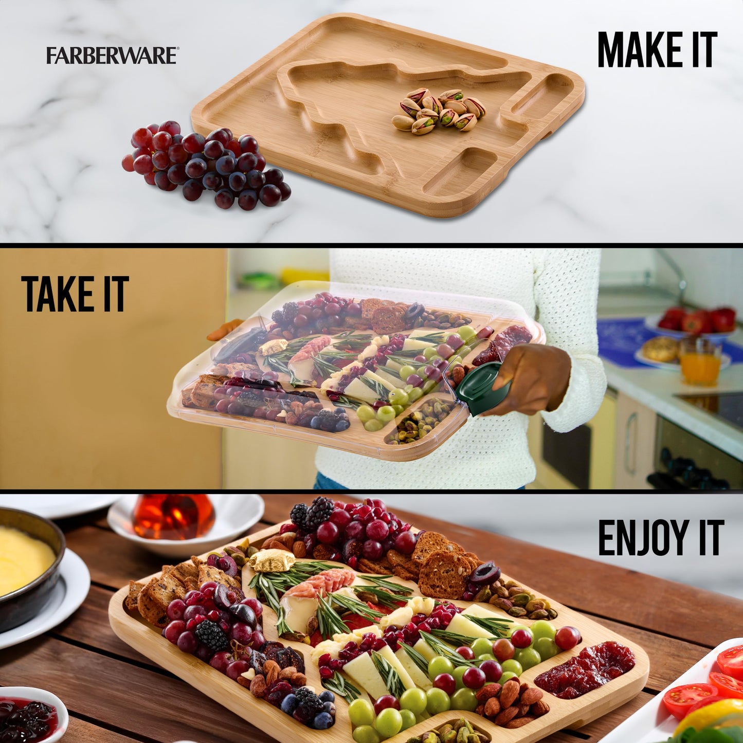 Farberware Tree Build-A-Board with Clear Locking Lid – Holiday Prep and Serve Board for Charcuterie, Cookies, Candy, and Seasonal Entertaining