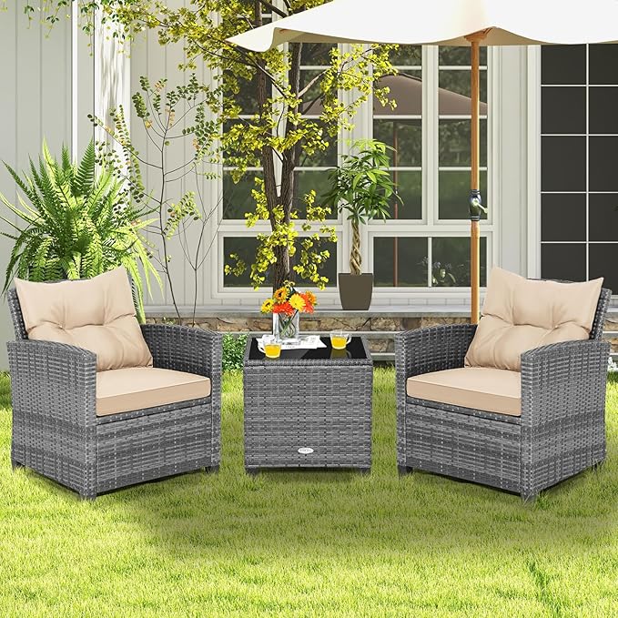 COSTWAY 3PCS Patio Furniture Set, PE Rattan Wicker Sofa w/Washable Cushion and