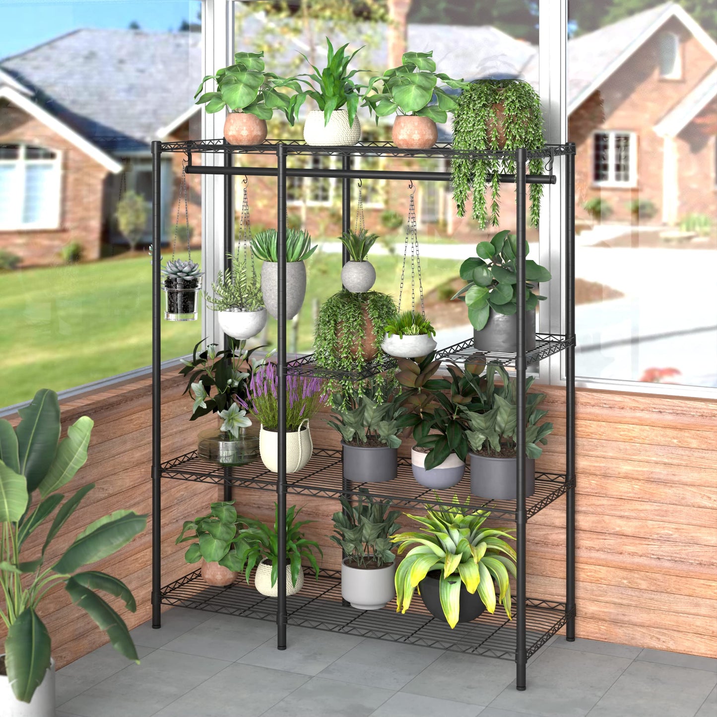 Xiofio 5-Tier Plant Stand for Indoor Outdoor, Large Reinforced Plant Shelf for Hanging Multiple Plants Plant Rack ,Adjustable Plant Stand Suitable for Bedroom Living Room Balcony Garden,Black