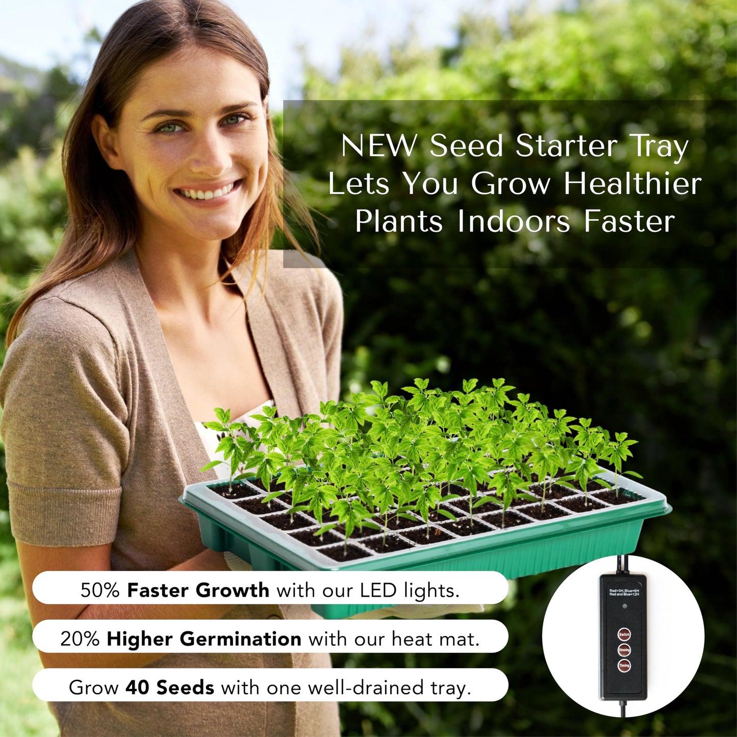 GROWFRIEND Seed Starter Kit with Grow Lights & Heat Mat – 40-Cell Seed Starter Tray, Humidity Dome, Soil Moisture Meter & Sticky Gnat Traps – Indoor Greenhouse & Plant Propagation Station