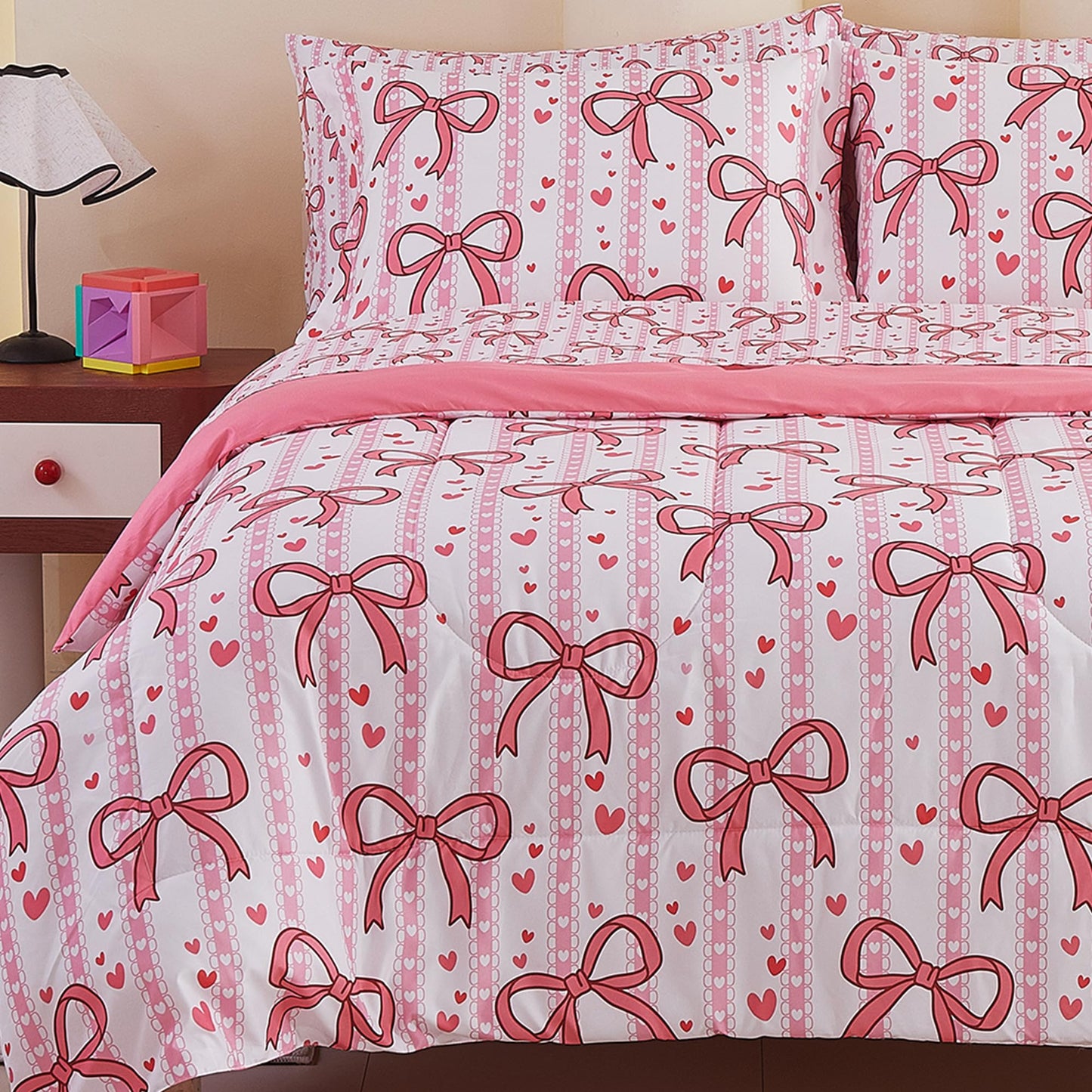 Viviland Kids Twin Bedding Sets for Girls, Soft Twin Comforter Set with Sheets, 5 Pieces Microfiber Bed in a Bag, Pink Bow