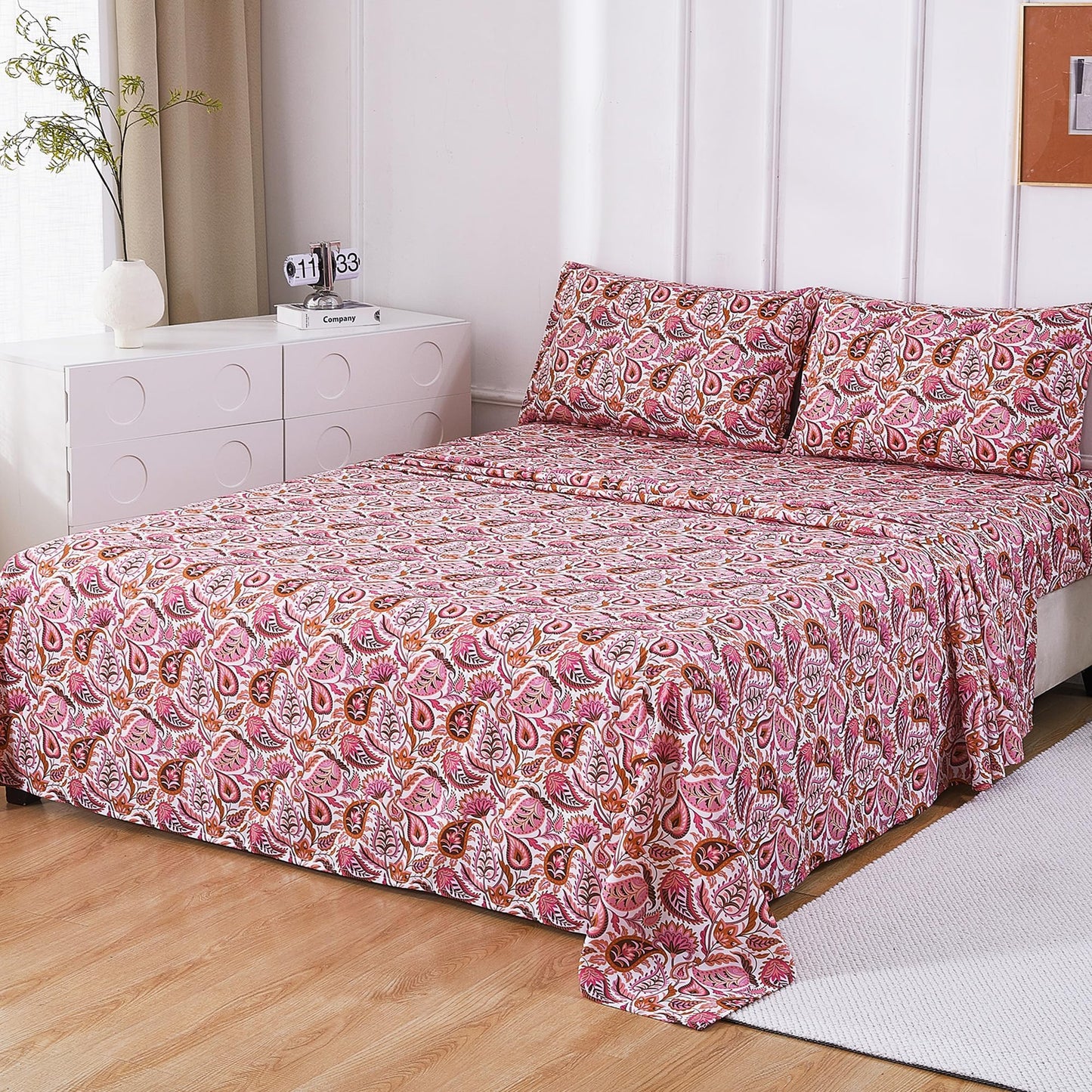 Softan Pink Paisley Floral Twin Sheet Set, 3-Piece Cozy Boho Microfiber Printed Fitted Bed Sheet with 15" Deep Pockets & Non-Slip Straps, Kids Girls Patterned Sheets & Pillowcase Set