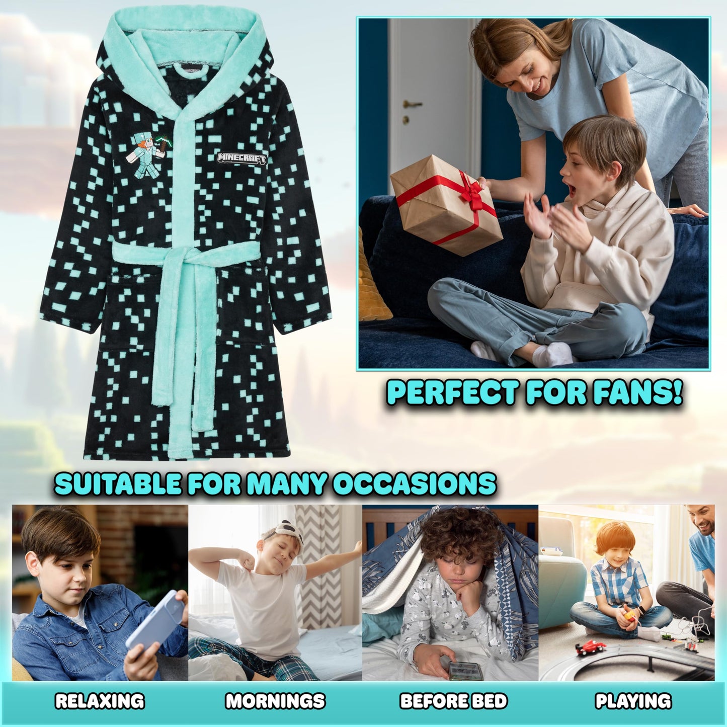 Minecraft Dressing Gown for Boys Fleece Hooded Bathrobe with Pockets Creeper Loungewear Nightwear Teens Gamer Gifts for Boys (9-10 Years, Teal)
