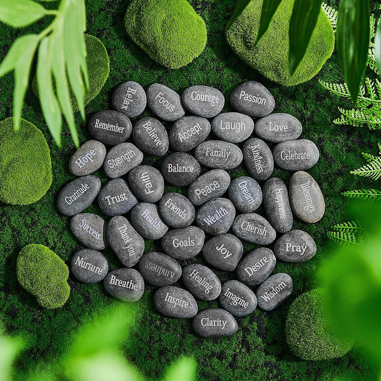 Fabbay 40 Pcs Engraved Inspirational Rocks, Encouragement Worry Stones with Words, Natural River Stone Bulk Set for Garden Decor, Meditation, Positive Gifts & Easter Decorations(Black)