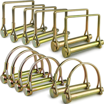 Wellmax 12-Pack Trailer Hitch Pin Assortment, 1/4" and 5/16" Diameter, Square and Arch Wire Lock Pins, Zinc-Plated Carbon Steel Safety Pins for PTO, Farm, Mower, and Boat Trailer Couplers, Gold