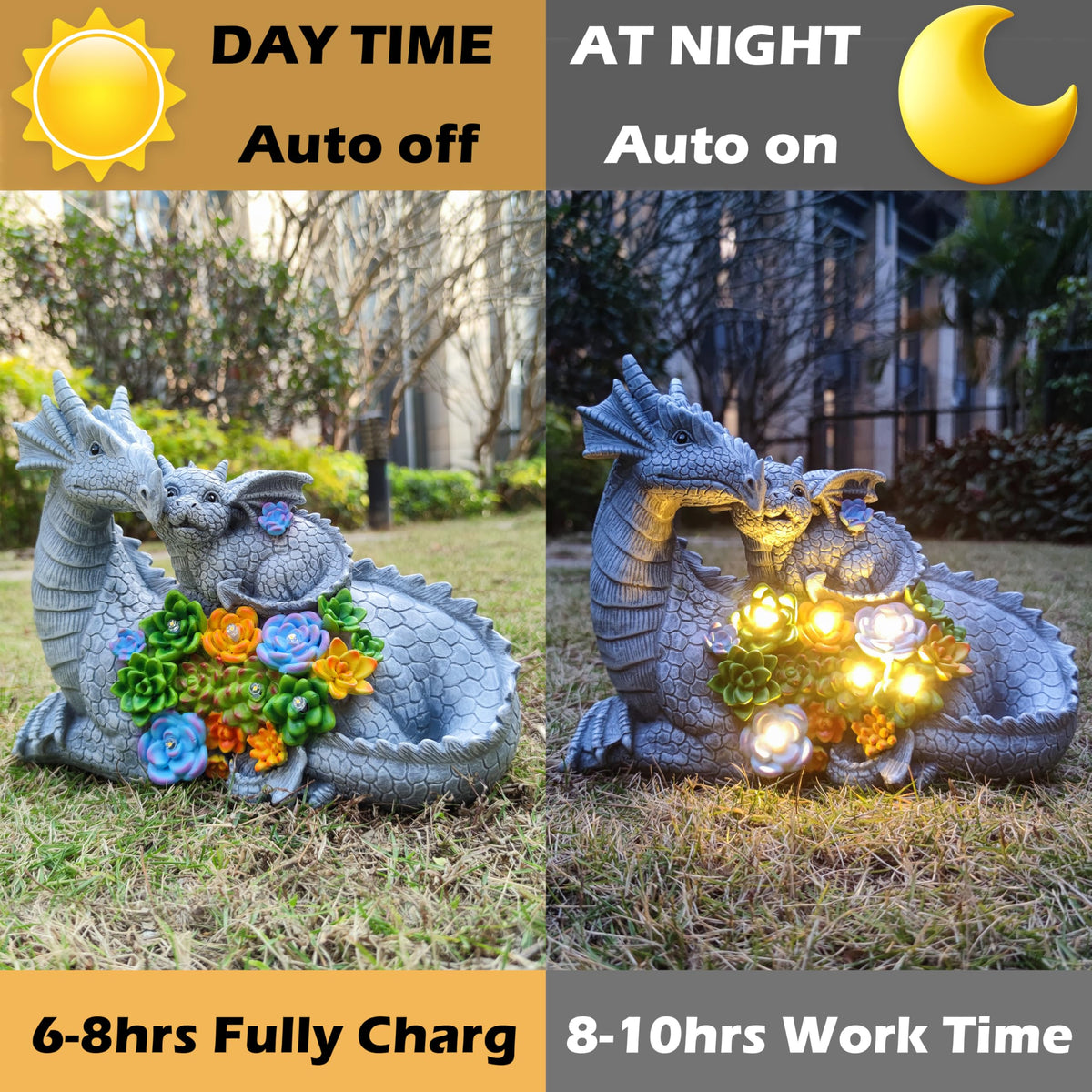 RCTTICUU Solar Dragon Garden Statues Outdoor Decor, Resin Dragon Figurine with Succulent and 6 LED Lights Lawn Patio Balcony Art Decoration,Housewarming Birthday Gifts for Grandma Mom Women