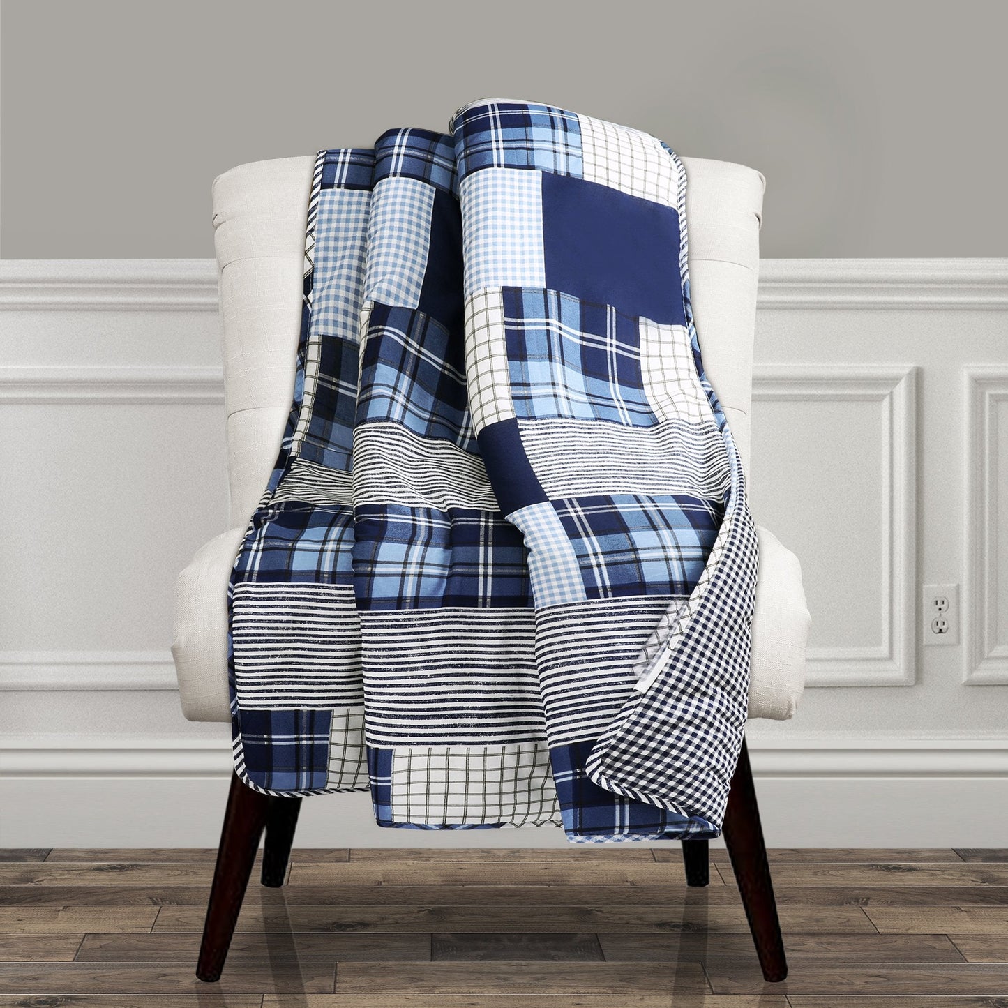 Lush Decor Greenville Cotton Throw Blanket 50" W x 60" L Navy - Cotton Blanket for Bed -Patchwork Quilt - Farmhouse Couch Blankets - Rustic Home Decor