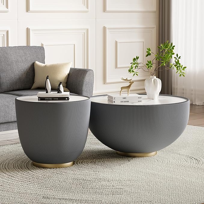 Henf Marble Round Side Table, 19.7" Fluted End Table