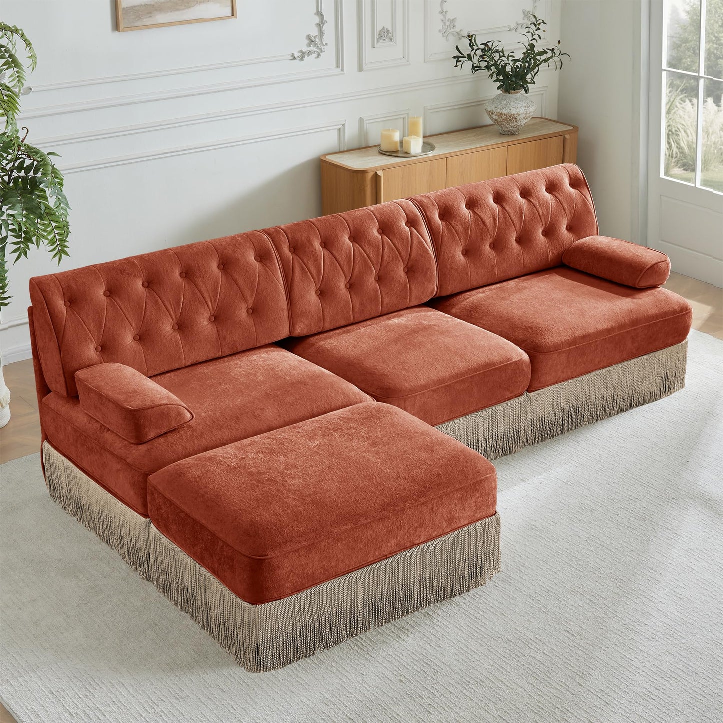 KEIKI 106" L-Shaped Velvet Chesterfield Style Modular Sectional Sofa, Oversized Button Tufted 3-Seater Couch with 1 Ottoman & Floor-grazing Tassel Fringe Skirt, Easy Assembly, for Living Room, Brown