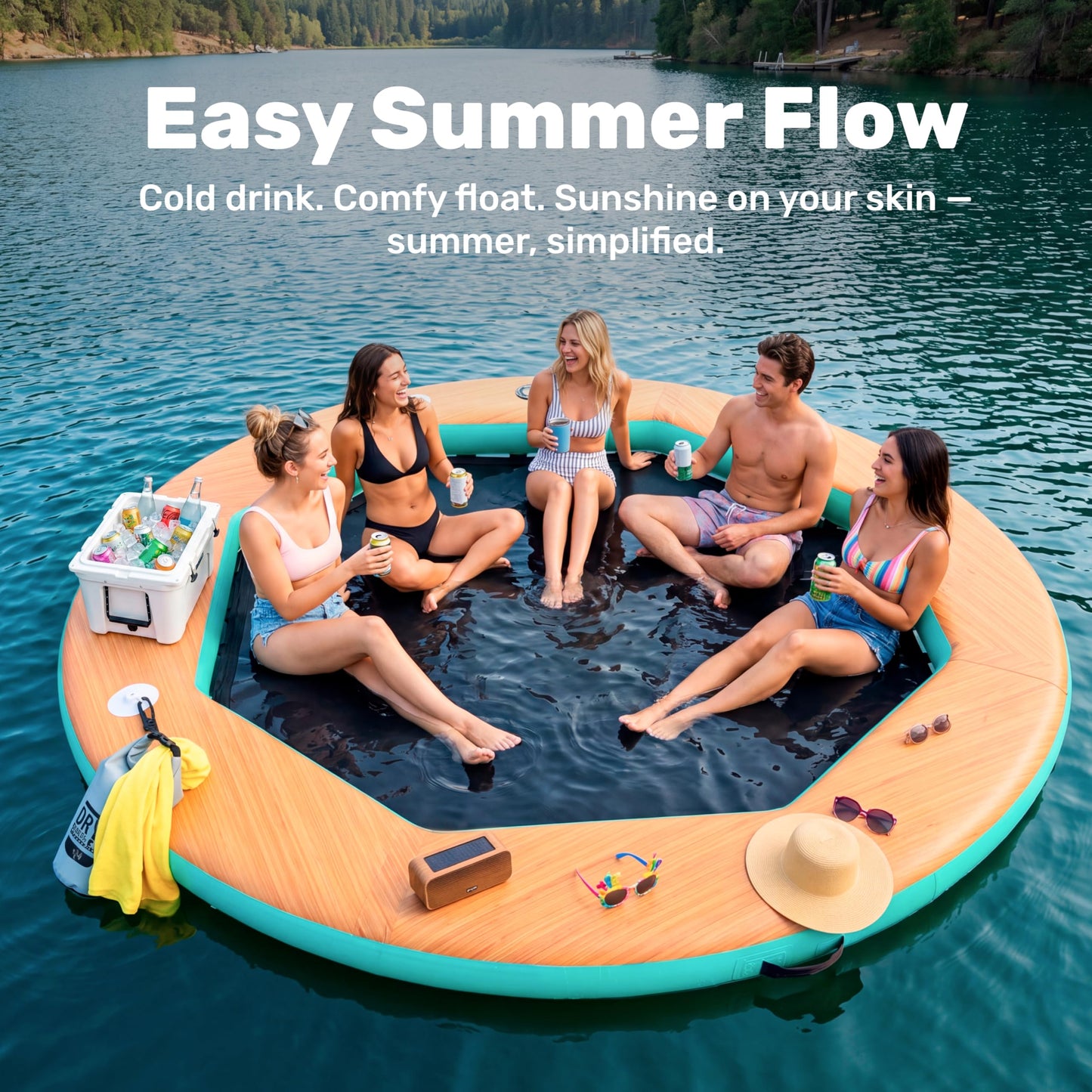 SLOOSH 8FT Inflatable Water Hammock Floating Dock, Sunchill Float Ring with Wood Grain & Mesh Design, Round Floating Dock Platform with Removable Cup Holders for Lake, River, or Boat Party
