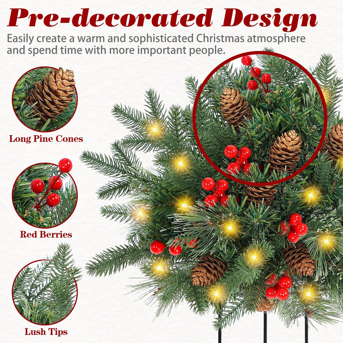 Lighted Artificial Christmas Urn Filler, 2 Pack Small Xmas Pine Tree Outdoor Decorations with Cones, Red Berries & 50 LED Lights, Light Up Planter Filler Decor for Porch Yard, Garden, Cemetery