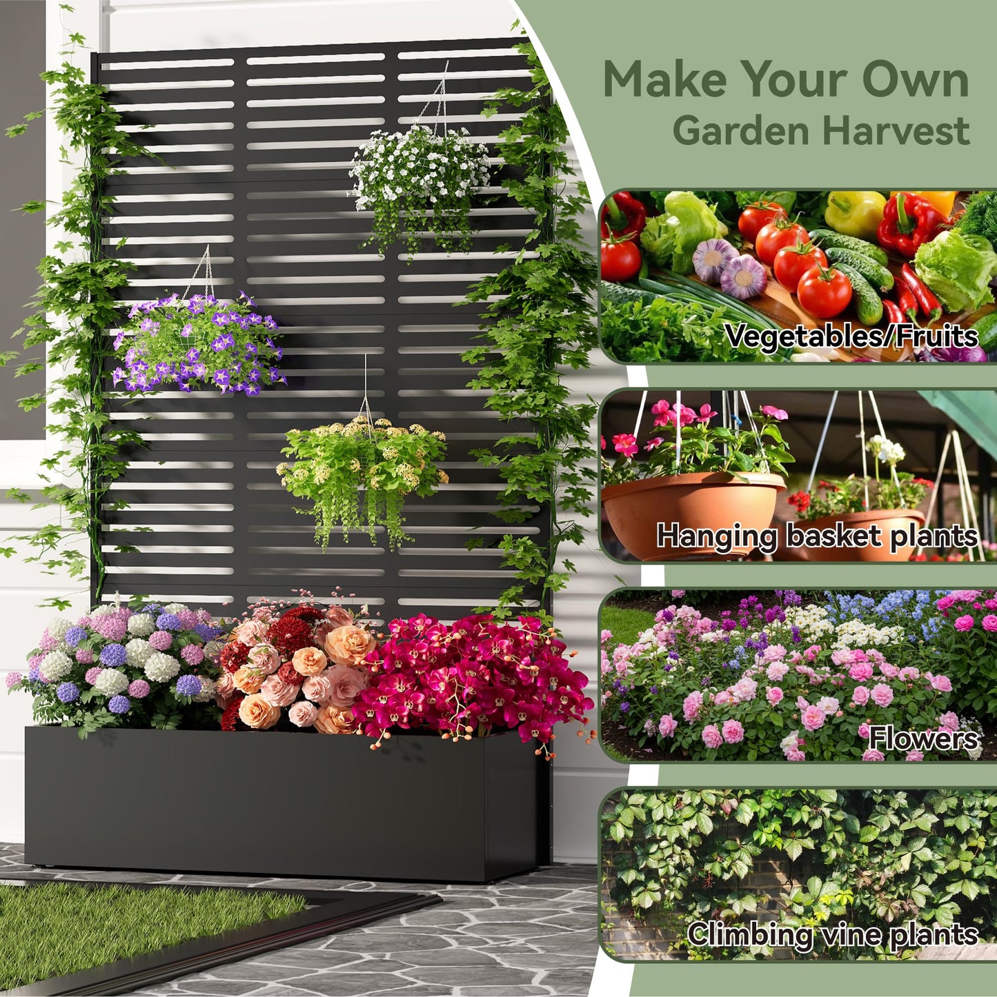 COFaR 71" Tall Metal Planter Box with Trellis & Privacy Screen, Steel Raised Garden Bed with Drainage Holes & Adjustable Feet, Outdoor Planter for Climbing Plants, Patio, Deck, Balcony (Slatted)