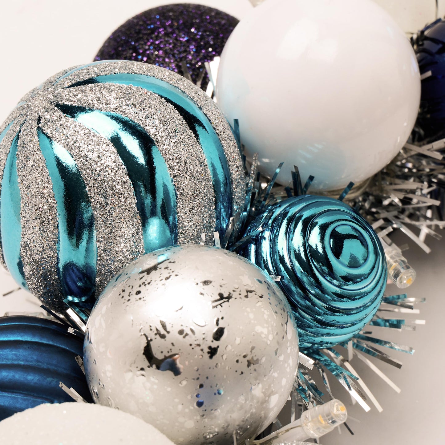 Valery Madelyn Pre-Lit Christmas Ball Wreath for Front Door with Lights, 13'' Lighted Christmas Wreath with Silver Blue Xmas Ball for Fireplace Window Outdoor Table Centerpiece Holiday Home Decoration